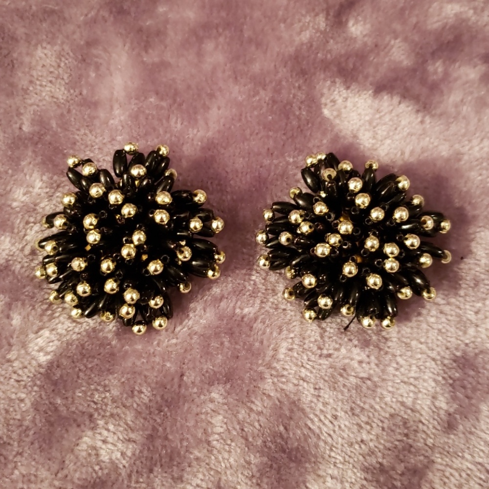 Vintage Black and Gold Beaded Clip On Earrings